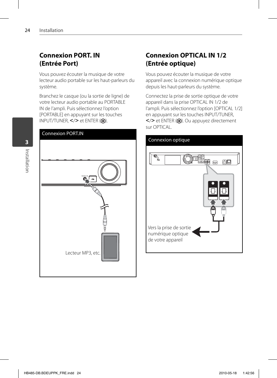 Connexion port. in (entrée port), Connexion optical in 1/2 (entrée optique) | Pioneer BCS-FS505 User Manual | Page 94 / 424