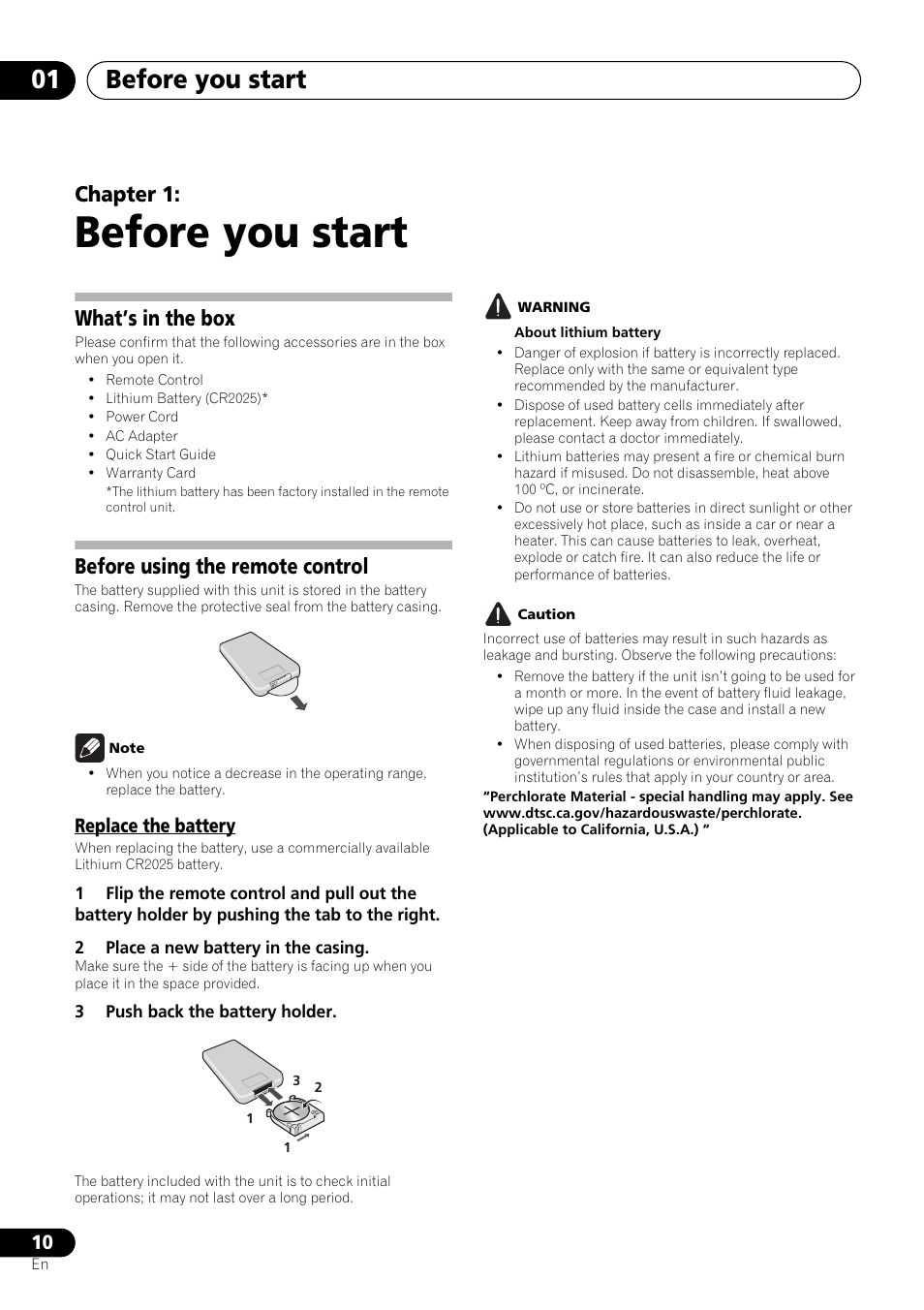 Start, What’s in the box, Before using the remote control | Replace the battery, Before you start, Before you start 01, Chapter 1 | Pioneer XW-SMA3-W User Manual | Page 10 / 48