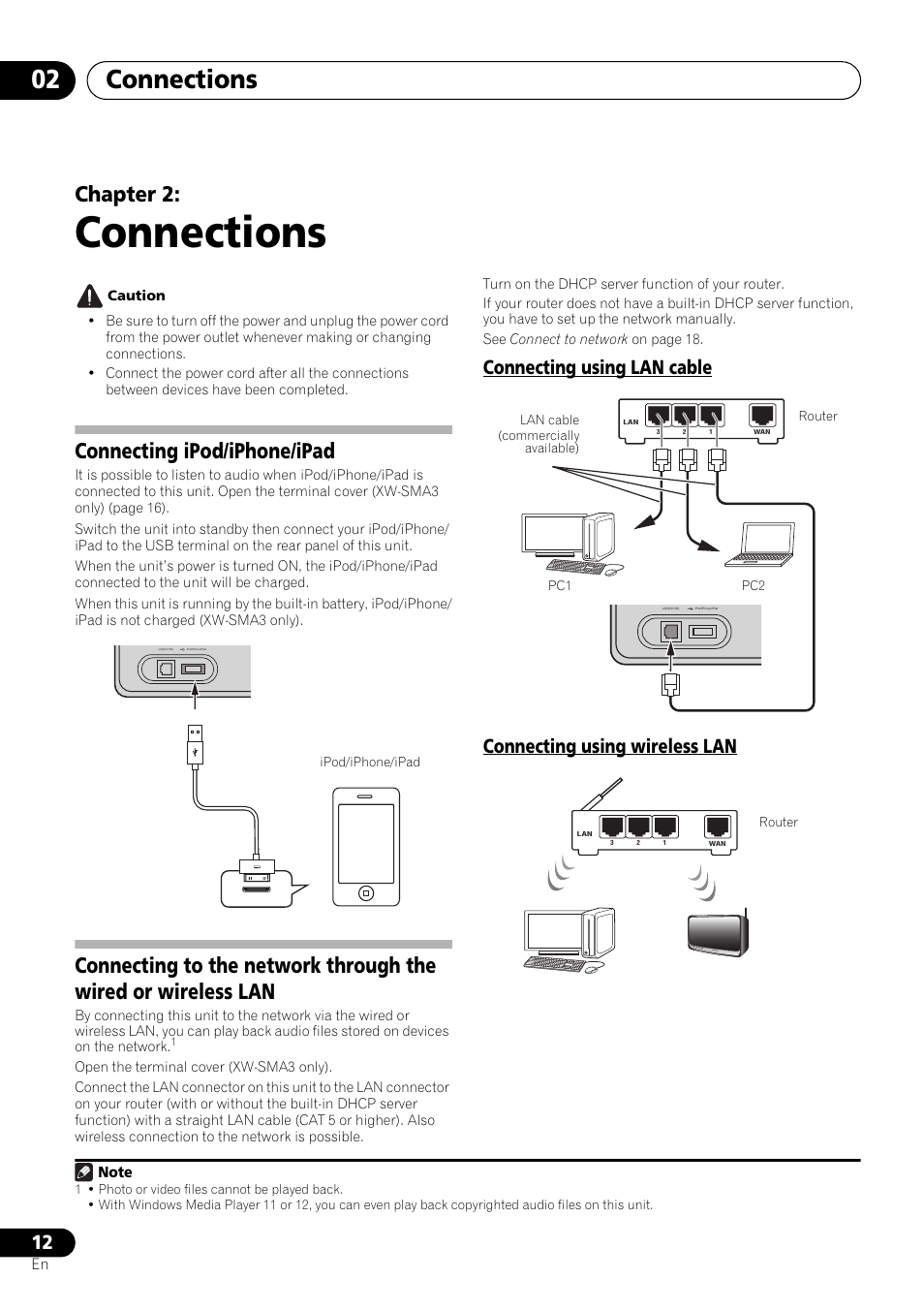02 connections, Connecting ipod/iphone/ipad, Connecting using lan cable | Connecting using wireless lan, Connections, Connections 02, Chapter 2 | Pioneer XW-SMA3-W User Manual | Page 12 / 48