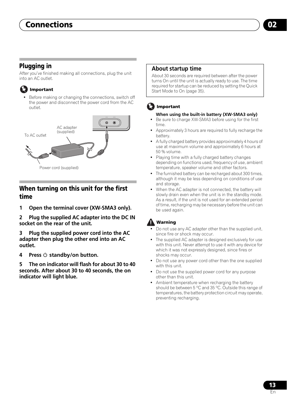 Plugging in, When turning on this unit for the first time, Connections 02 | About startup time | Pioneer XW-SMA3-W User Manual | Page 13 / 48