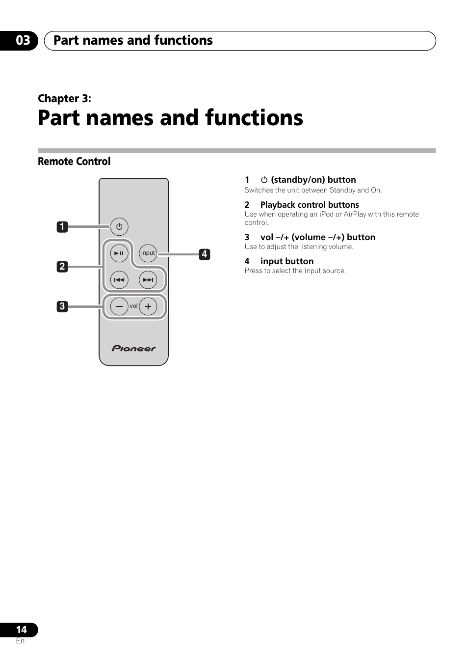 03 part names and functions, Remote control, Part names and functions | Part names and functions 03 | Pioneer XW-SMA3-W User Manual | Page 14 / 48