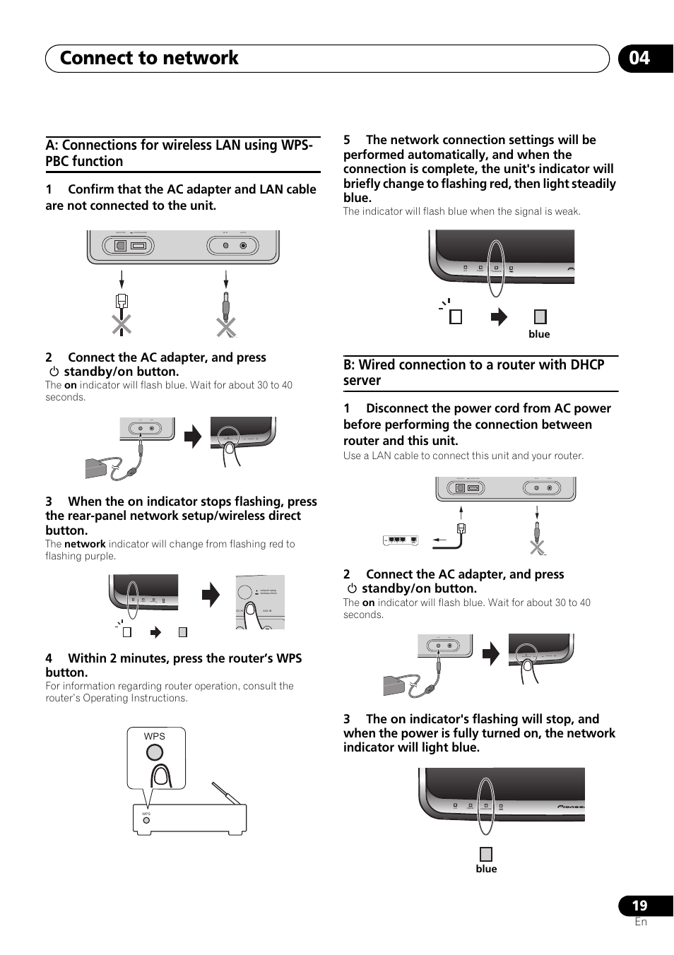 Connect to network 04, B: wired connection to a router with dhcp server, 4within 2 minutes, press the router’s wps button | Pioneer XW-SMA3-W User Manual | Page 19 / 48