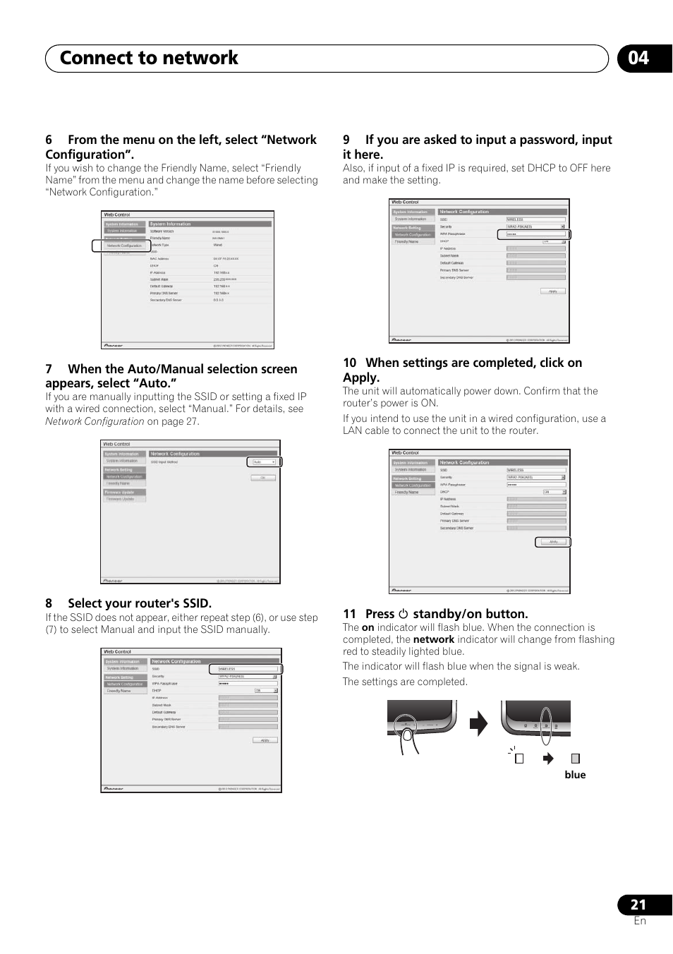 Connect to network 04, 8select your router's ssid, 10 when settings are completed, click on apply | 11 press  standby/on button | Pioneer XW-SMA3-W User Manual | Page 21 / 48