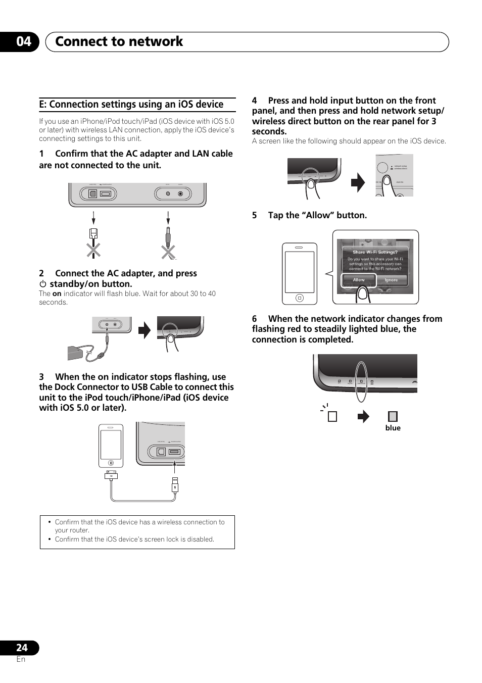 Connect to network 04, E: connection settings using an ios device | Pioneer XW-SMA3-W User Manual | Page 24 / 48