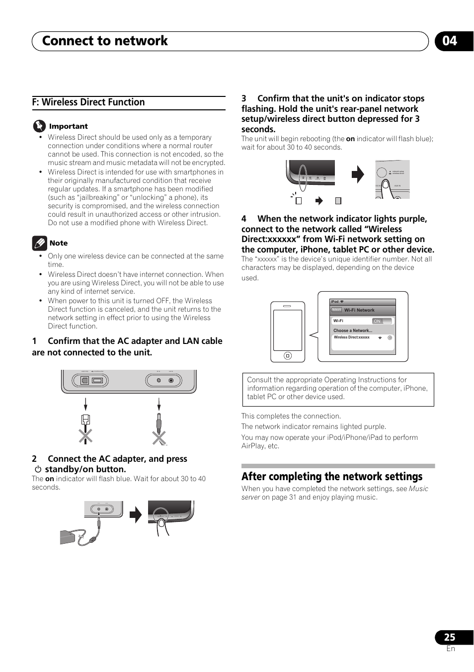 After completing the network settings, Connect to network 04, F: wireless direct function | Pioneer XW-SMA3-W User Manual | Page 25 / 48
