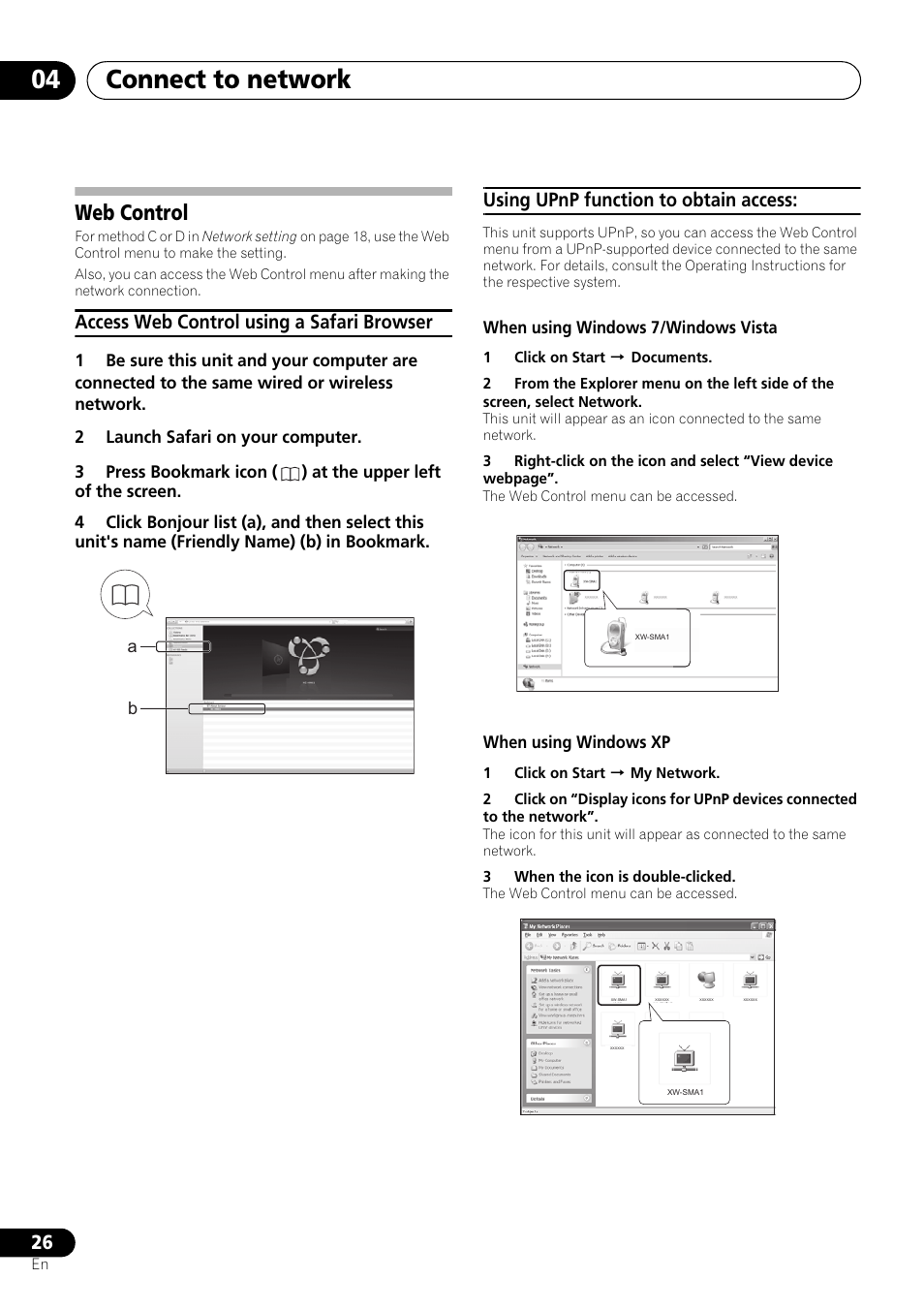 Web control, Connect to network 04, Access web control using a safari browser | Using upnp function to obtain access | Pioneer XW-SMA3-W User Manual | Page 26 / 48