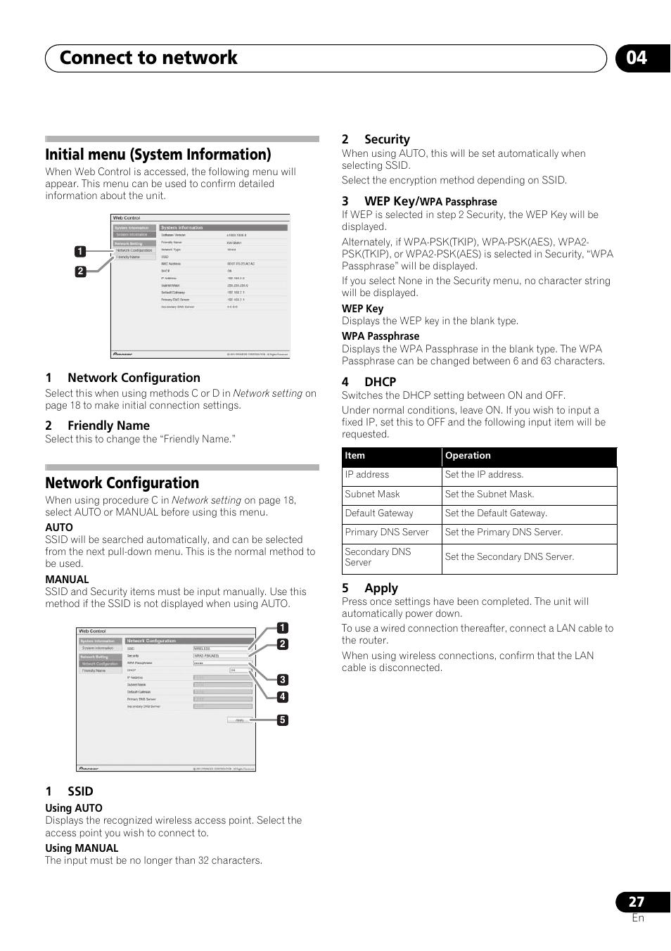 Initial menu (system information), Network configuration, Connect to network 04 | Pioneer XW-SMA3-W User Manual | Page 27 / 48