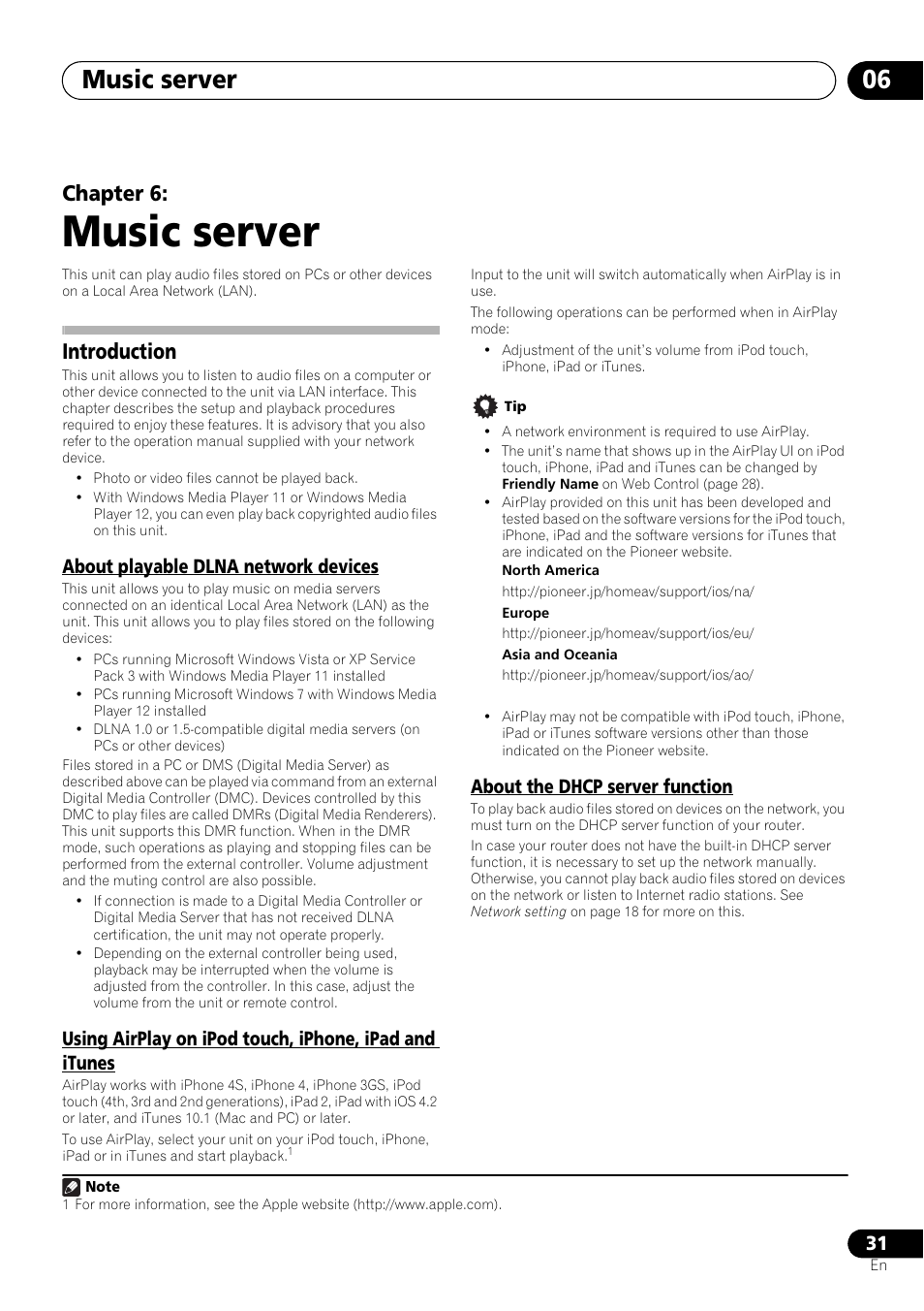 06 music server, Introduction, About playable dlna network devices | About the dhcp server function, Music server, Music server 06, Chapter 6 | Pioneer XW-SMA3-W User Manual | Page 31 / 48