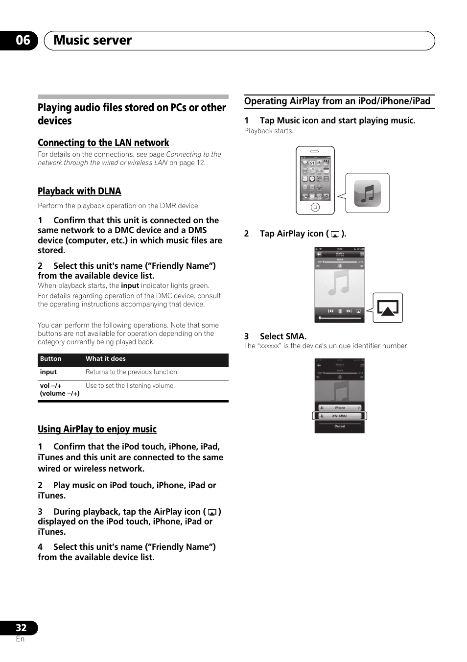 Playing audio files stored on pcs or other devices, Connecting to the lan network, Playback with dlna | Using airplay to enjoy music, Music server 06 | Pioneer XW-SMA3-W User Manual | Page 32 / 48