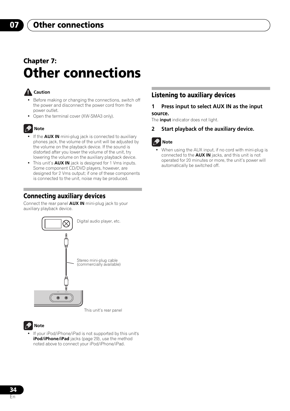 07 other connections, Connecting auxiliary devices, Listening to auxiliary devices | Other connections, Other connections 07, Chapter 7 | Pioneer XW-SMA3-W User Manual | Page 34 / 48