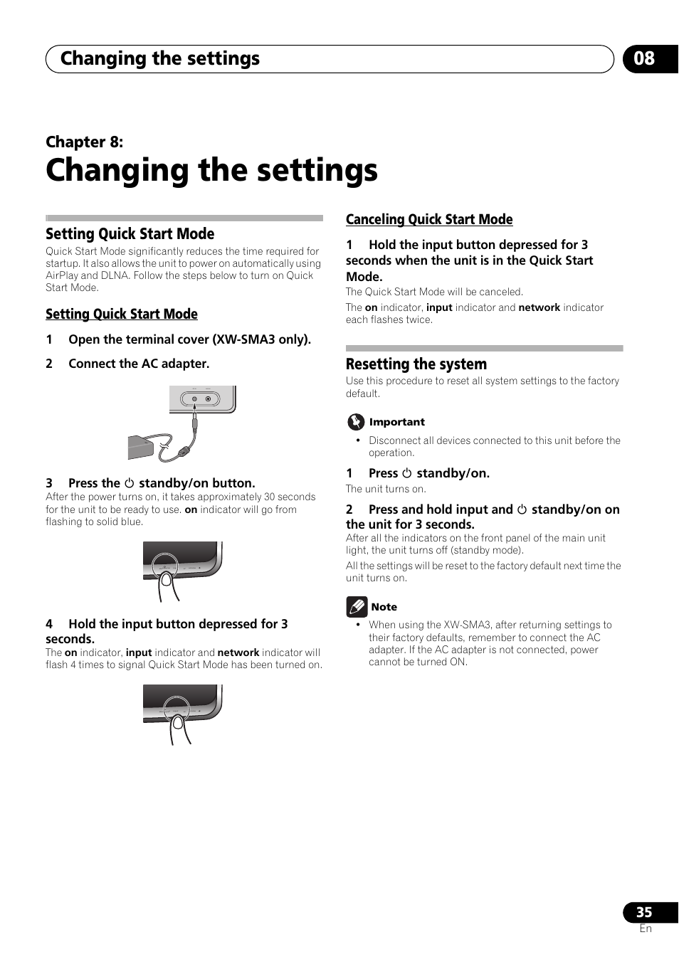 08 changing the settings, Setting quick start mode, Canceling quick start mode | Resetting the system, Changing the settings, Changing the settings 08, Chapter 8 | Pioneer XW-SMA3-W User Manual | Page 35 / 48