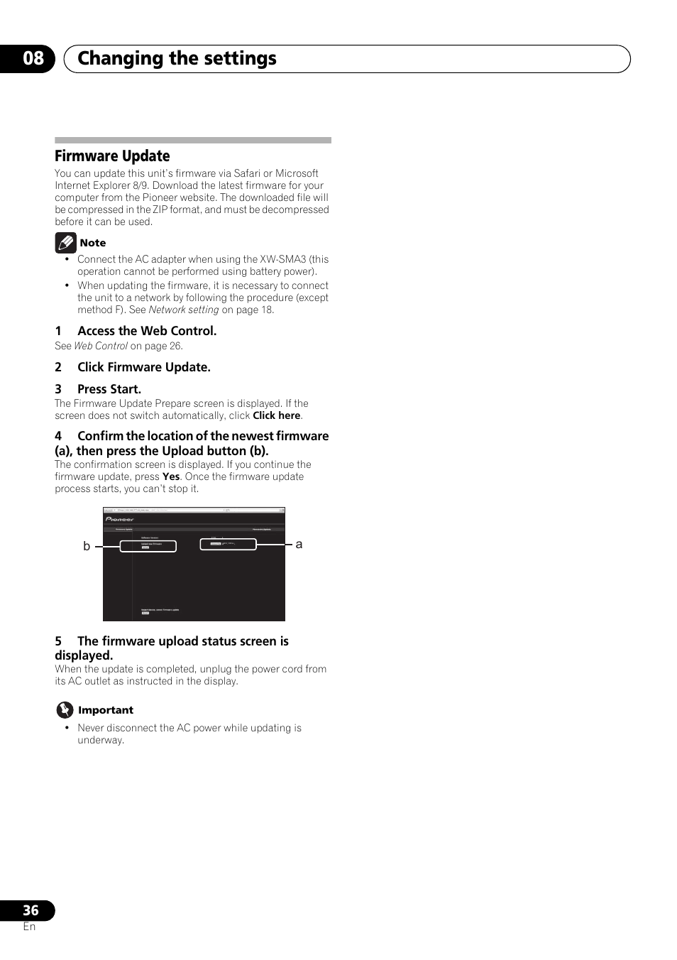 Firmware update, Changing the settings 08 | Pioneer XW-SMA3-W User Manual | Page 36 / 48