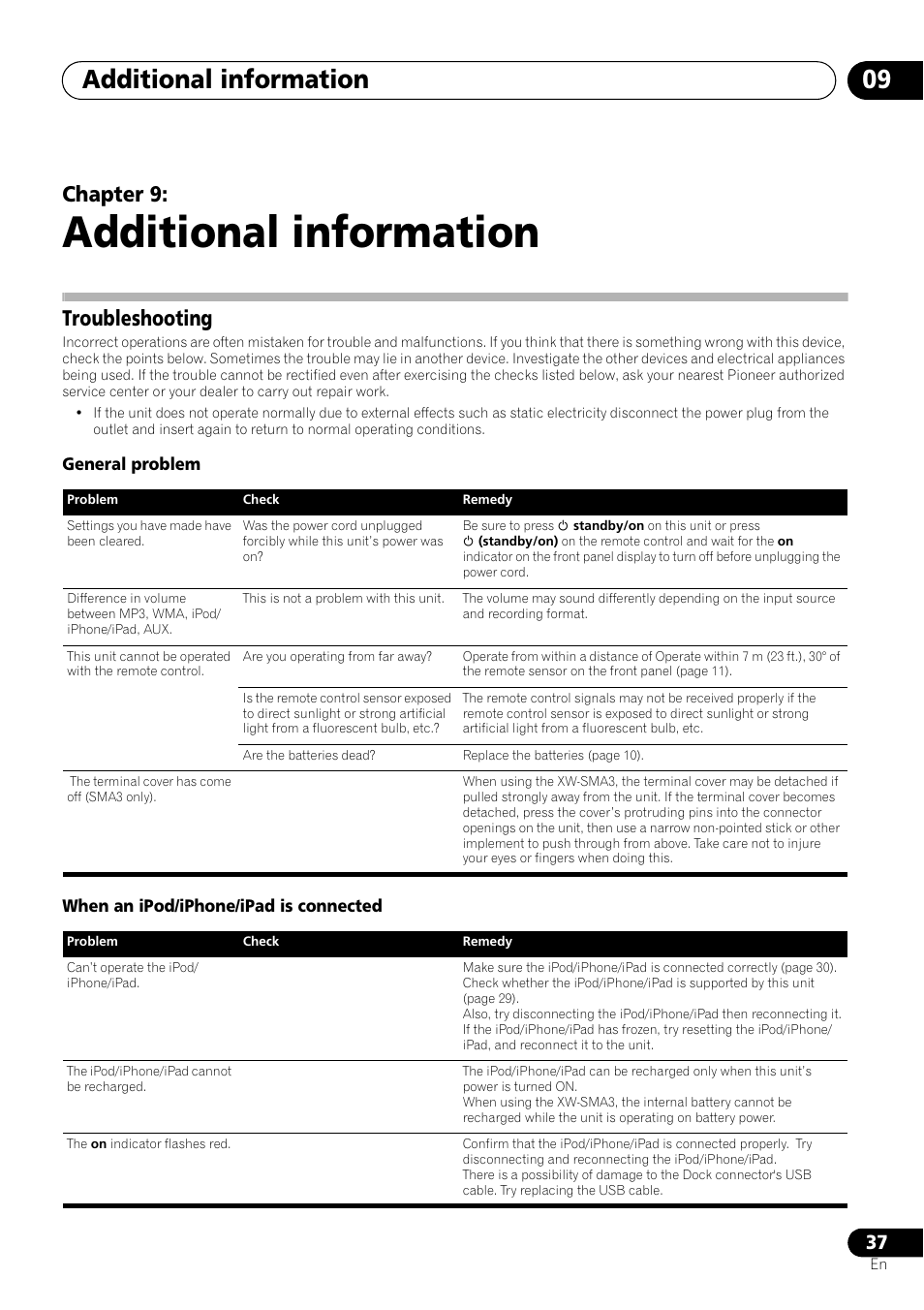 09 additional information, Troubleshooting, Additional information | Additional information 09, Chapter 9 | Pioneer XW-SMA3-W User Manual | Page 37 / 48