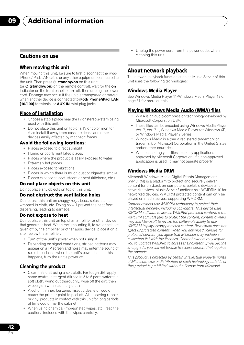 Cautions on use, When moving this unit, Place of installation | Cleaning the product, About network playback, Windows media player, Playing windows media audio (wma) files, Windows media drm, Additional information 09 | Pioneer XW-SMA3-W User Manual | Page 42 / 48