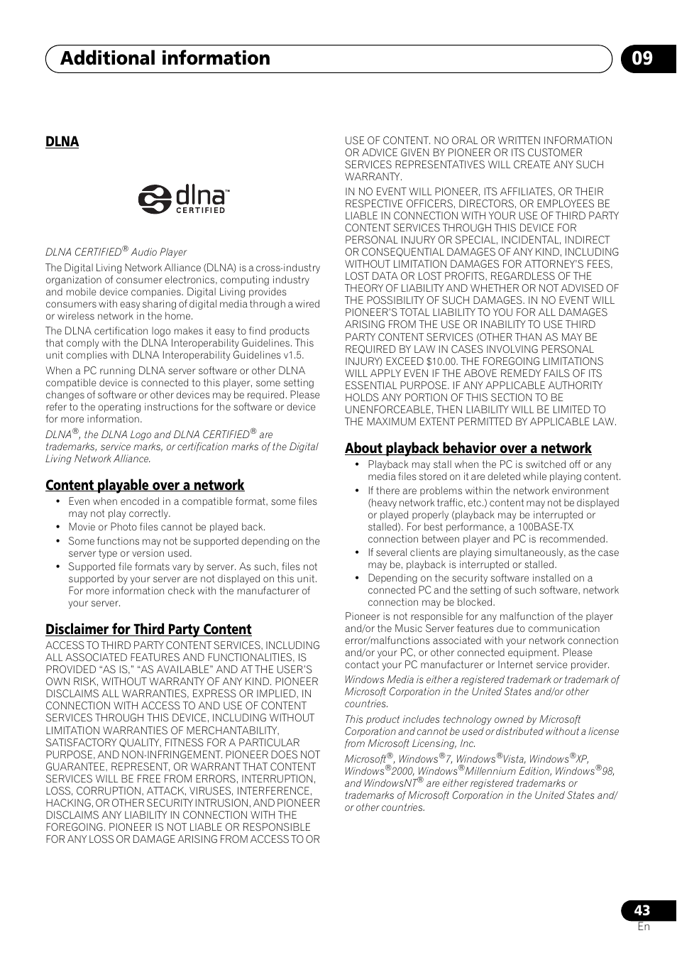 Dlna, Content playable over a network, Disclaimer for third party content | About playback behavior over a network, Additional information 09 | Pioneer XW-SMA3-W User Manual | Page 43 / 48