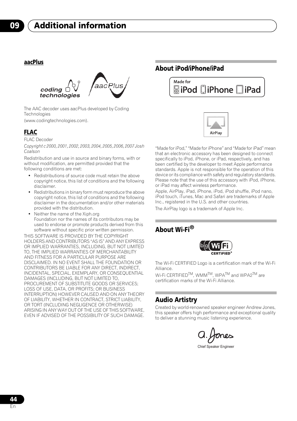 Aacplus, Flac, About ipod/iphone/ipad | About wi-fi, Audio artistry, Additional information 09 | Pioneer XW-SMA3-W User Manual | Page 44 / 48