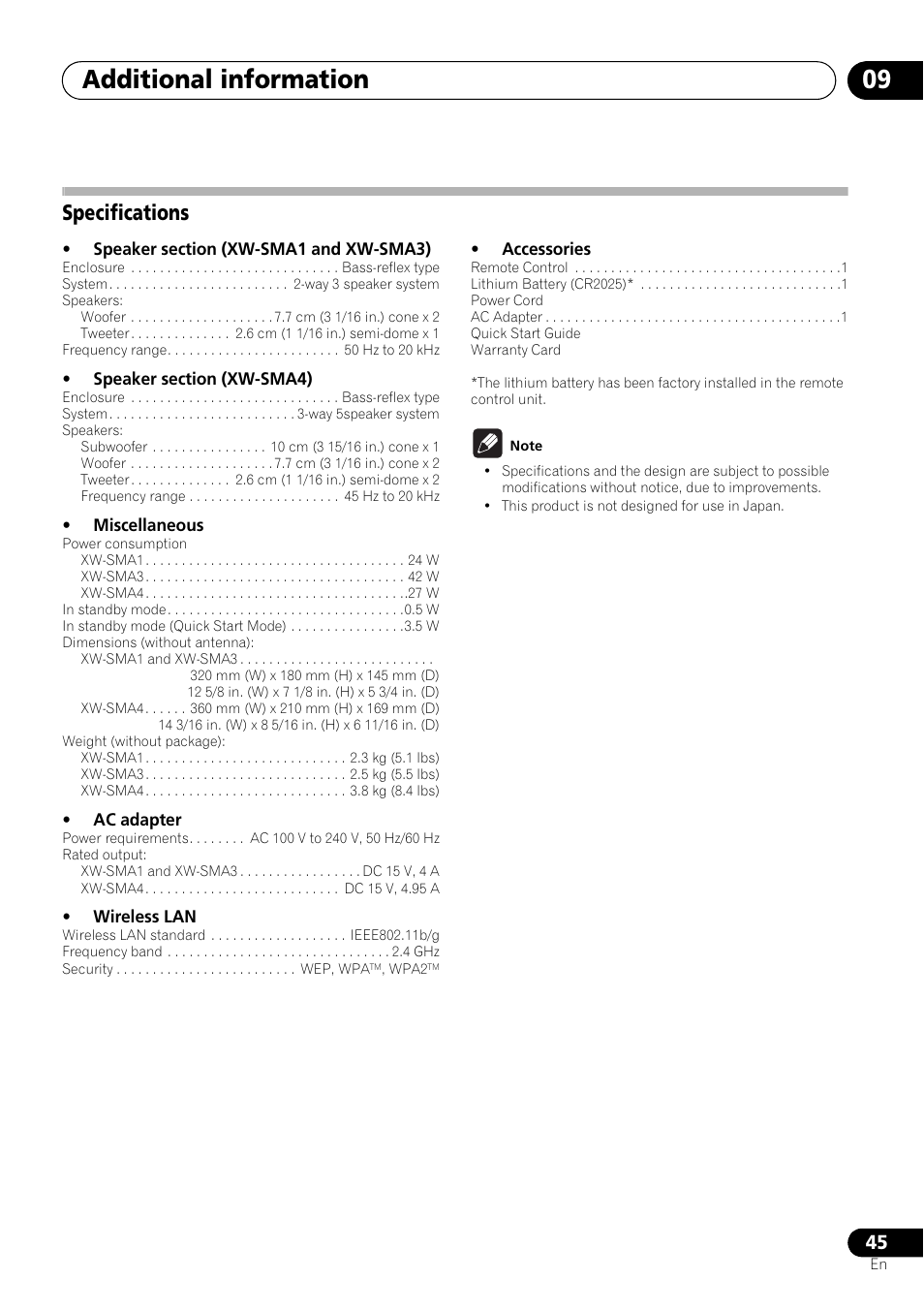 Specifications, Additional information 09 | Pioneer XW-SMA3-W User Manual | Page 45 / 48