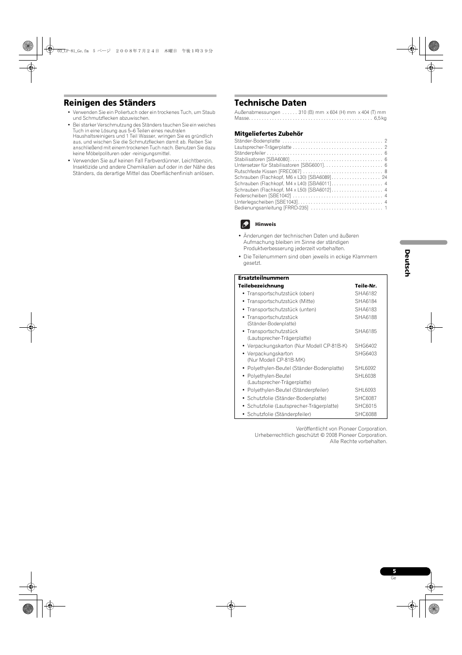 Reinigen des ständers, Technische daten | Pioneer CP-81B-K User Manual | Page 13 / 53