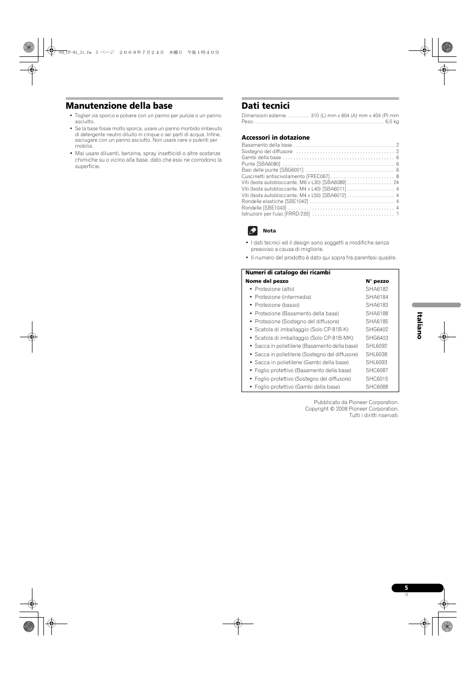 Manutenzione della base, Dati tecnici | Pioneer CP-81B-K User Manual | Page 17 / 53