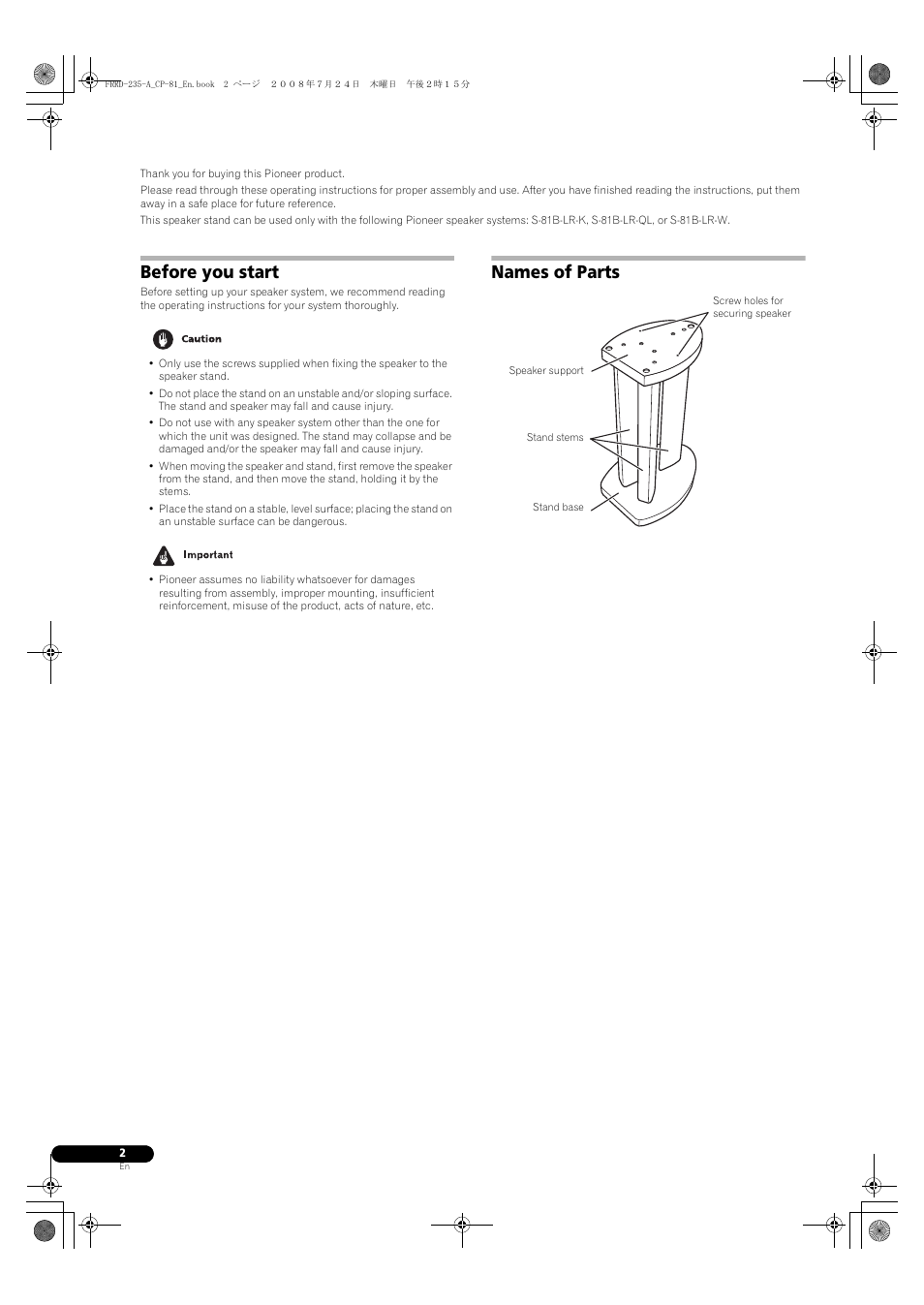 Before you start, Names of parts | Pioneer CP-81B-K User Manual | Page 2 / 53