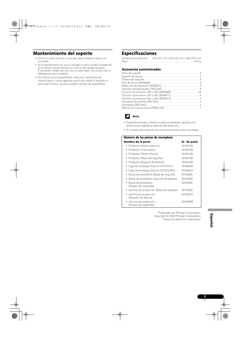 Mantenimiento del soporte, Especificaciones | Pioneer CP-81B-K User Manual | Page 25 / 53