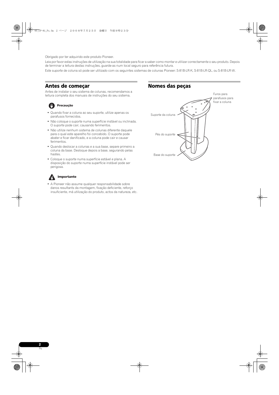 Antes de começar, Nomes das peças | Pioneer CP-81B-K User Manual | Page 26 / 53