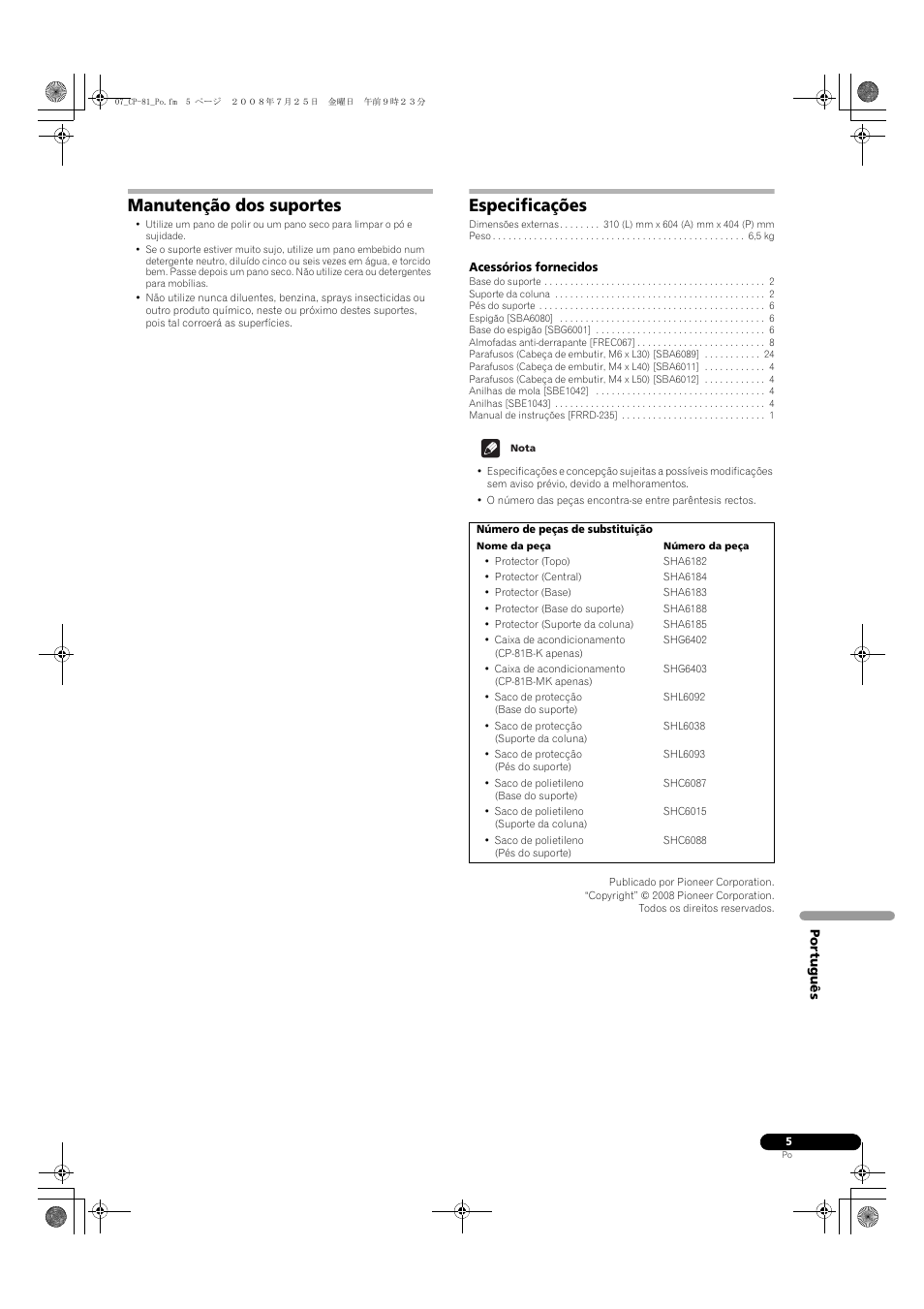 Manutenção dos suportes, Especificações | Pioneer CP-81B-K User Manual | Page 29 / 53