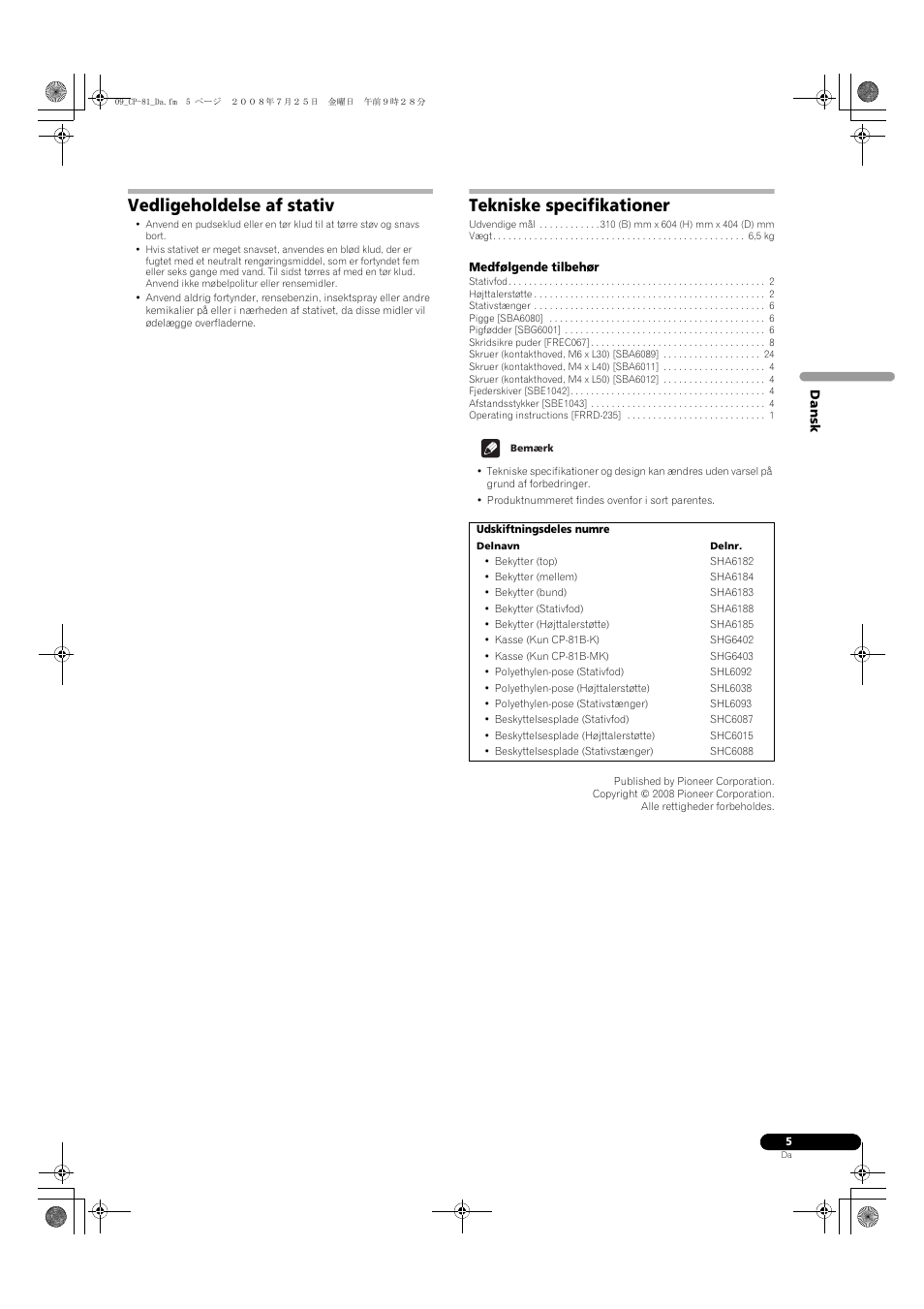 Vedligeholdelse af stativ, Tekniske specifikationer | Pioneer CP-81B-K User Manual | Page 37 / 53