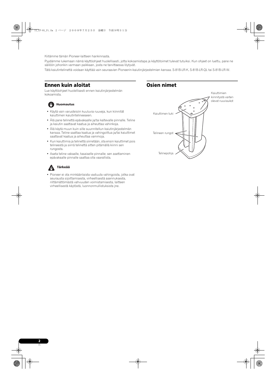 Ennen kuin aloitat, Osien nimet | Pioneer CP-81B-K User Manual | Page 42 / 53