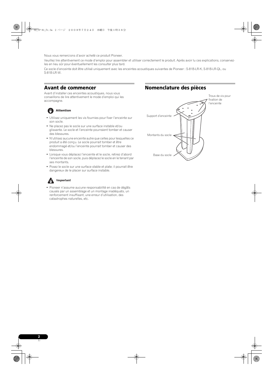 Avant de commencer, Nomenclature des pièces | Pioneer CP-81B-K User Manual | Page 6 / 53