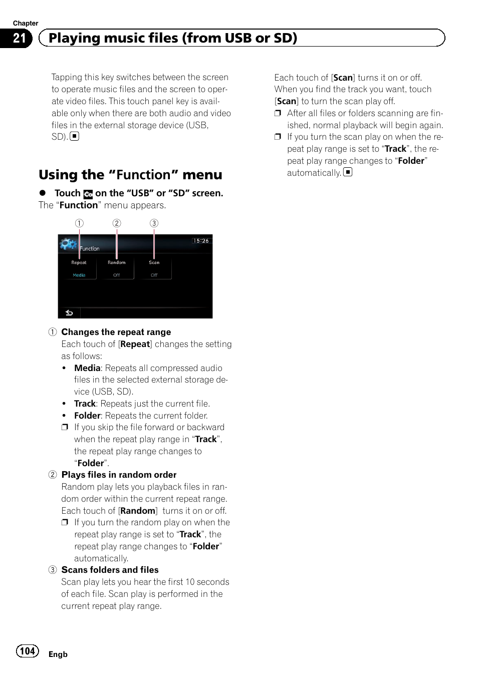 Using the, Function” menu 104, Changes the repeat | Using the “function” menu, 21 playing music files (from usb or sd) | Pioneer AVIC-F920BT User Manual | Page 104 / 200