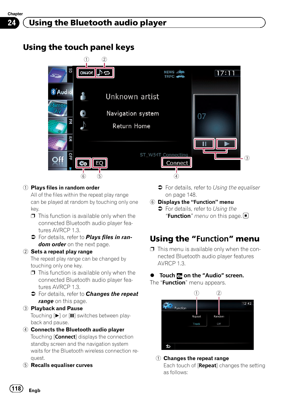 Using the touch panel keys, Using the, Function” menu 118 | Using the touch panel, Using the “function” menu, 24 using the bluetooth audio player | Pioneer AVIC-F920BT User Manual | Page 118 / 200