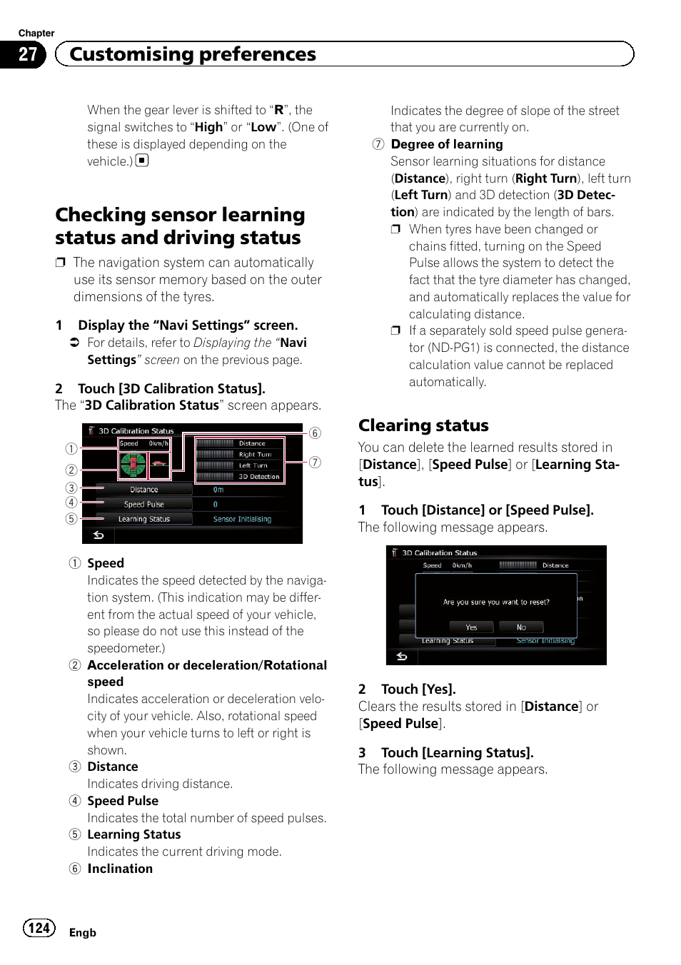 Checking sensor learning status and driving, Status, Clearing status 124 | Checking sensor learning status and driving status, 27 customising preferences, Clearing status | Pioneer AVIC-F920BT User Manual | Page 124 / 200