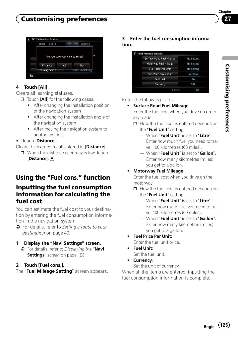 Using the, Fuel cons.” function 125, Inputting the fuel consumption | Information for calculating the fuel cost, Inputting the fuel, Using the “fuel cons.” function, Customising preferences | Pioneer AVIC-F920BT User Manual | Page 125 / 200