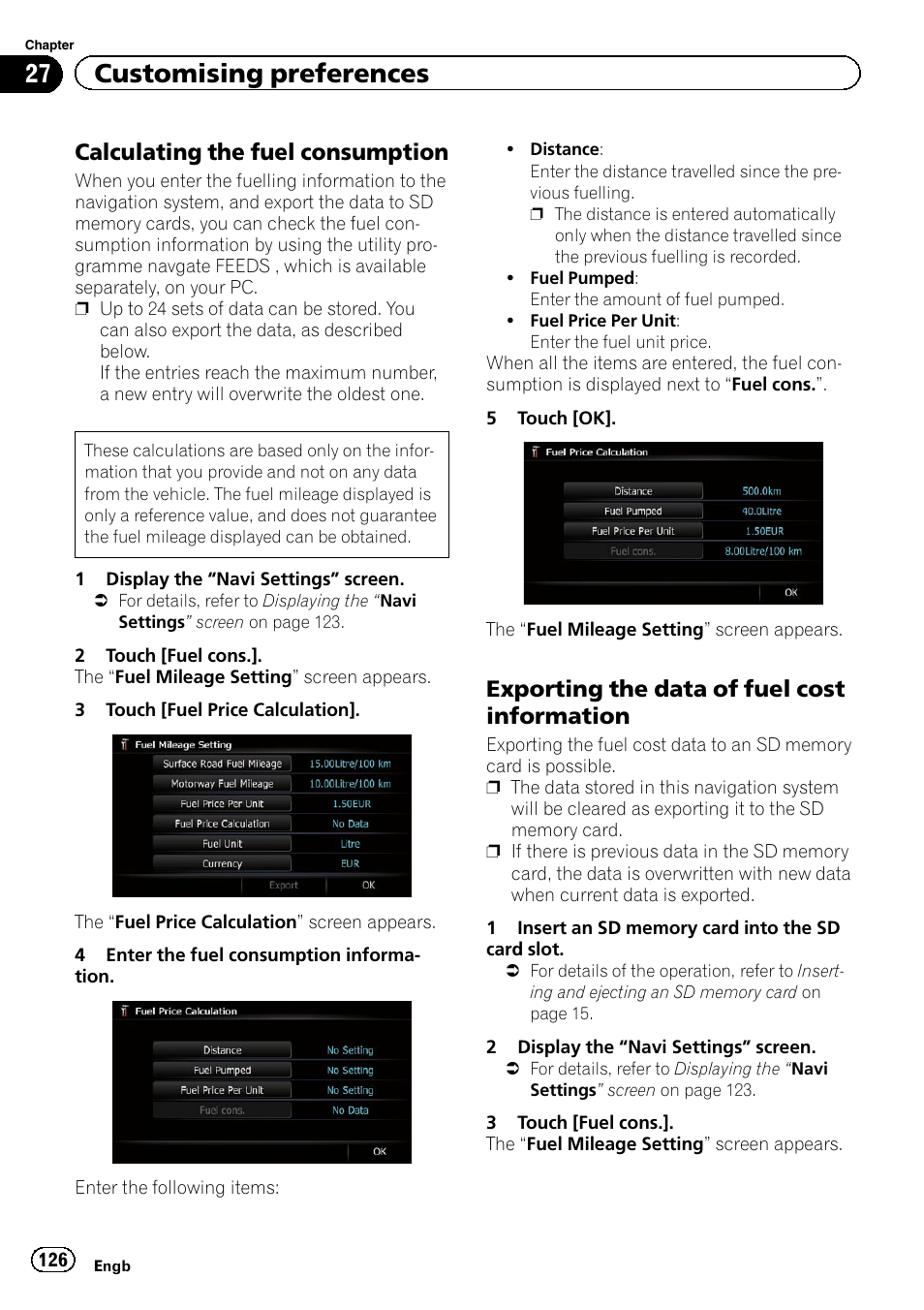 Calculating the fuel consumption 126, Exporting the data of fuel cost, Information | 27 customising preferences, Calculating the fuel consumption, Exporting the data of fuel cost information | Pioneer AVIC-F920BT User Manual | Page 126 / 200