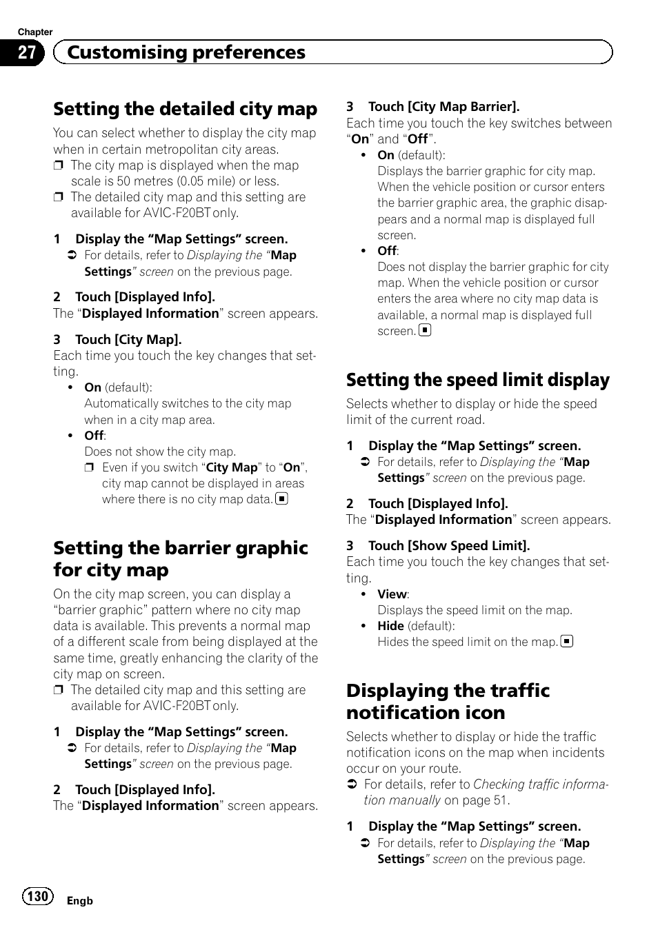 Setting the detailed city map, Setting the barrier graphic for city map, Setting the speed limit display | Displaying the traffic notification icon, 27 customising preferences | Pioneer AVIC-F920BT User Manual | Page 130 / 200