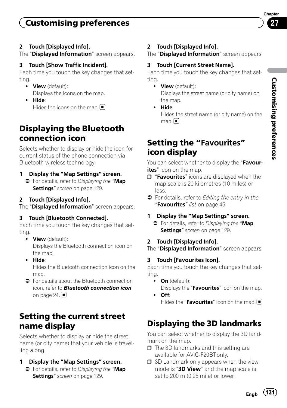 Displaying the bluetooth connection, Icon, Setting the current street name display | Setting the, Favourites” icon display 131, Displaying the 3d landmarks, Setting the current, Displaying the blue, Displaying the bluetooth connection icon, Setting the “favourites” icon display | Pioneer AVIC-F920BT User Manual | Page 131 / 200