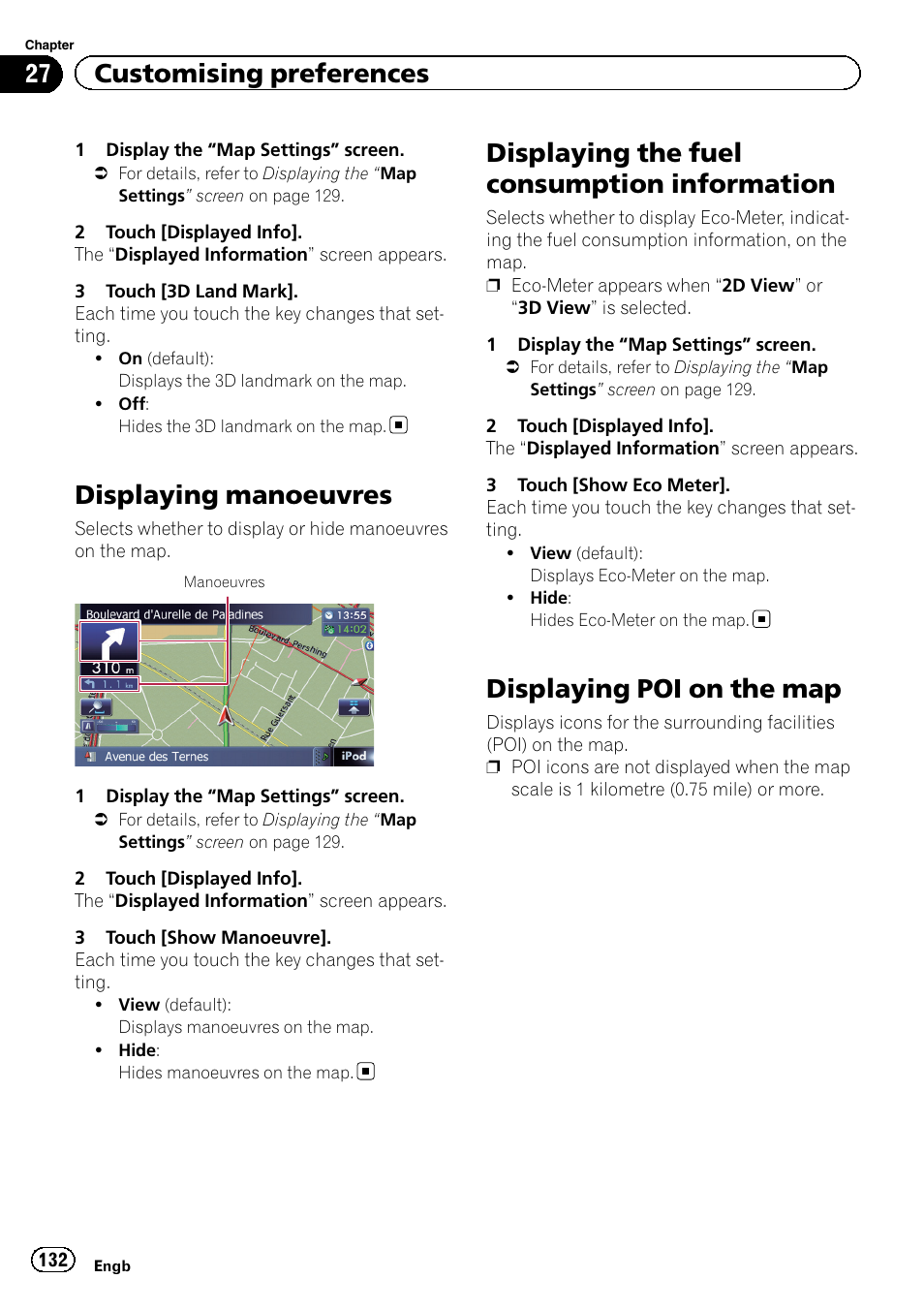 Displaying manoeuvres, Displaying the fuel consumption, Information | Displaying poi on the map, Displaying man, Displaying the fuel, Displaying poi on the, Displaying the fuel consumption information, 27 customising preferences | Pioneer AVIC-F920BT User Manual | Page 132 / 200