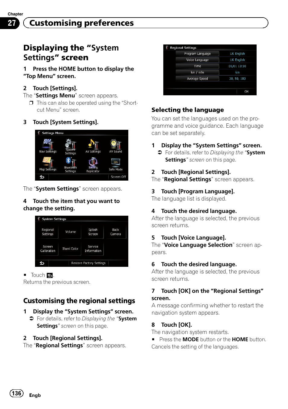 Displaying the, System settings, Screen | Customising the regional settings 136, Displaying the “system settings ” screen, 27 customising preferences, Customising the regional settings | Pioneer AVIC-F920BT User Manual | Page 136 / 200