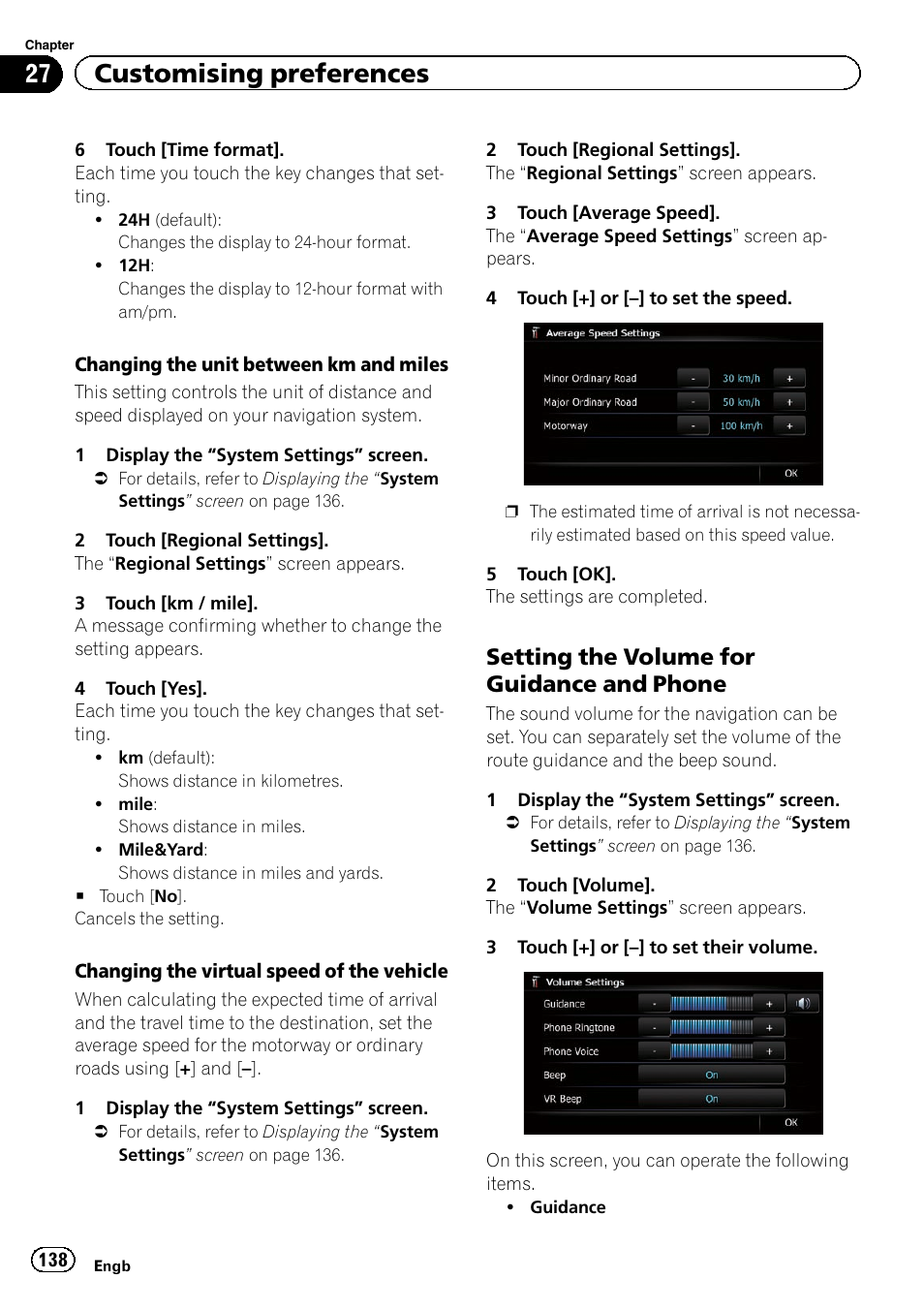 Setting the volume for guidance and, Phone, Setting the volume for | Setting the volume, 27 customising preferences, Setting the volume for guidance and phone | Pioneer AVIC-F920BT User Manual | Page 138 / 200