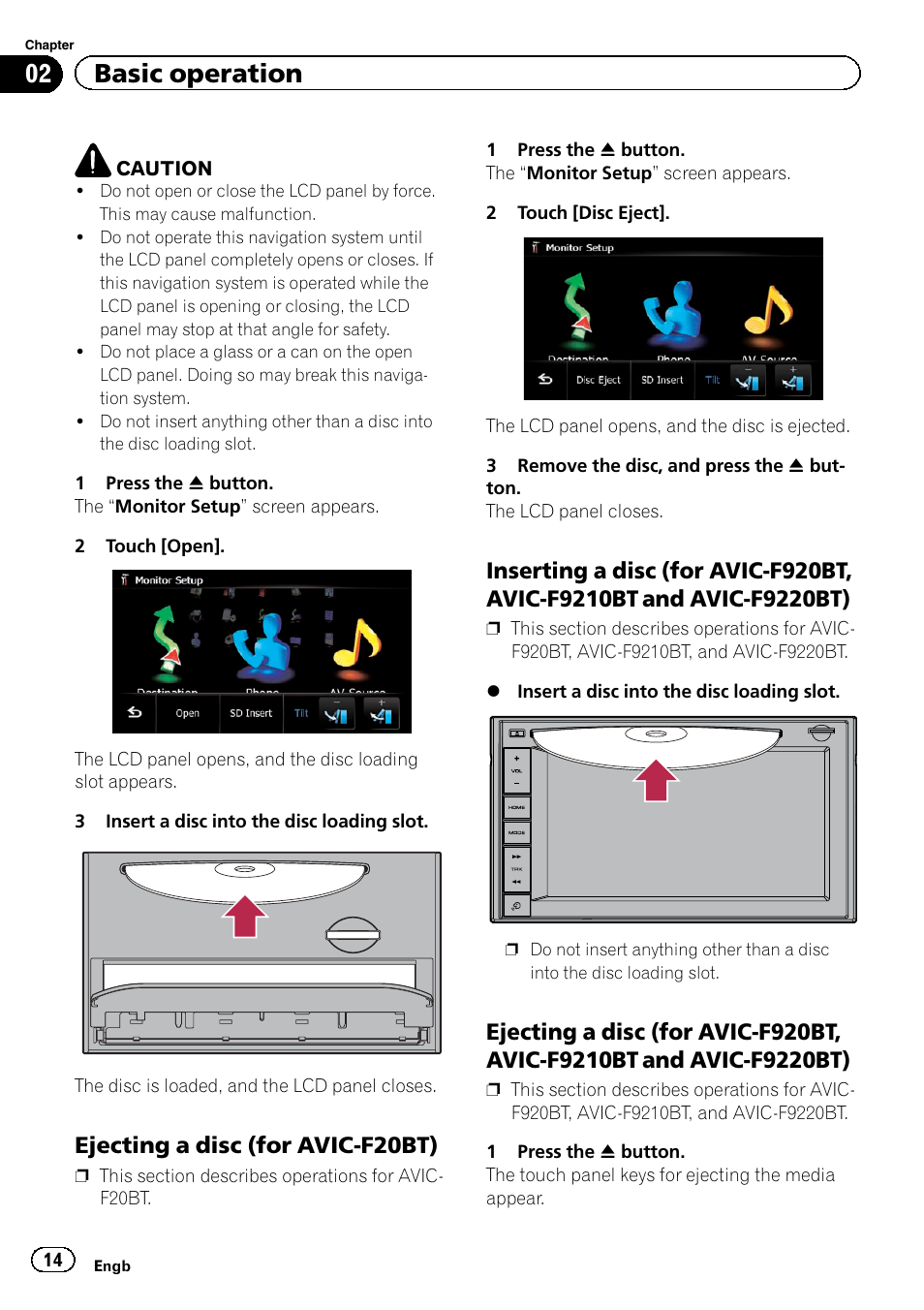 Ejecting a disc (for avic-f20bt) 14, Inserting a disc (for avic-f920bt, avic, F9210bt and avic-f9220bt) | Ejecting a disc (for avic-f920bt, avic, 02 basic operation, Ejecting a disc (for avic-f20bt) | Pioneer AVIC-F920BT User Manual | Page 14 / 200