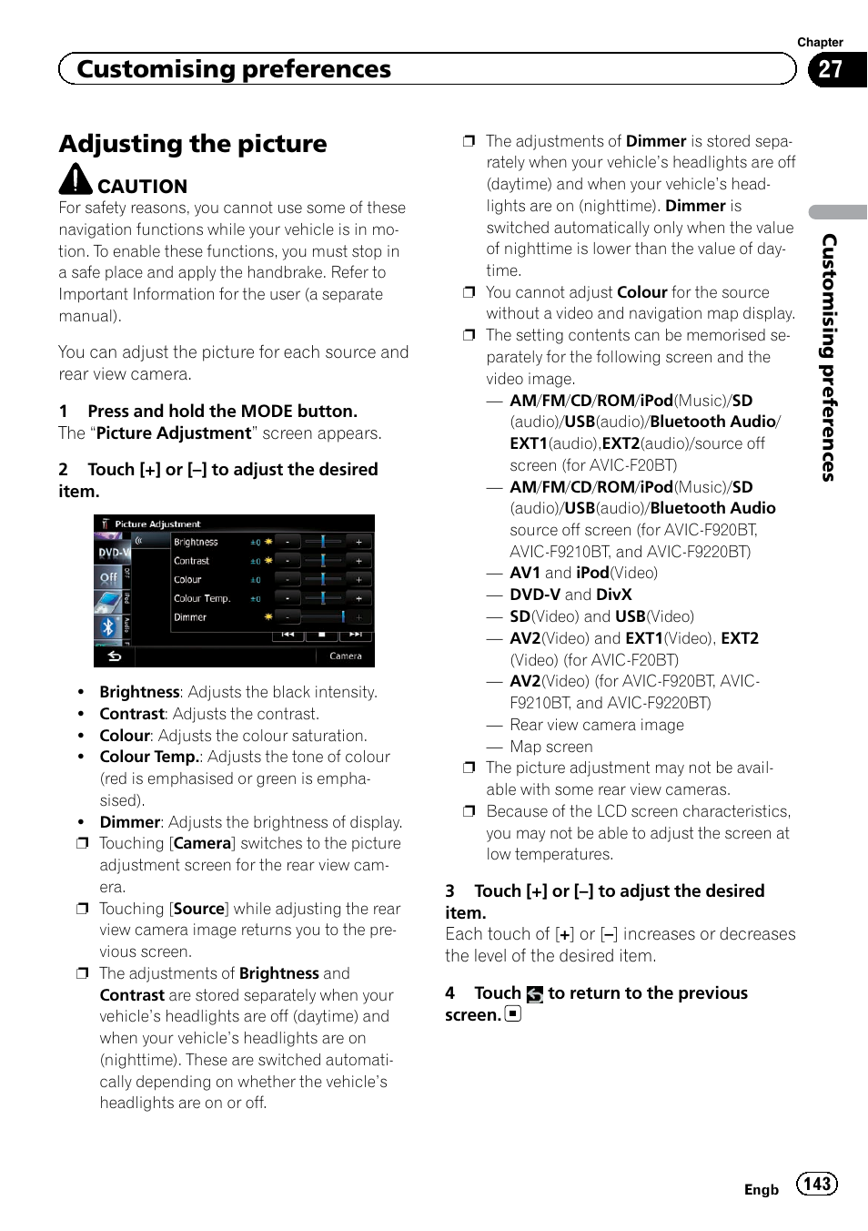 Adjusting the picture, Adjusting the pic, Customising preferences | Pioneer AVIC-F920BT User Manual | Page 143 / 200