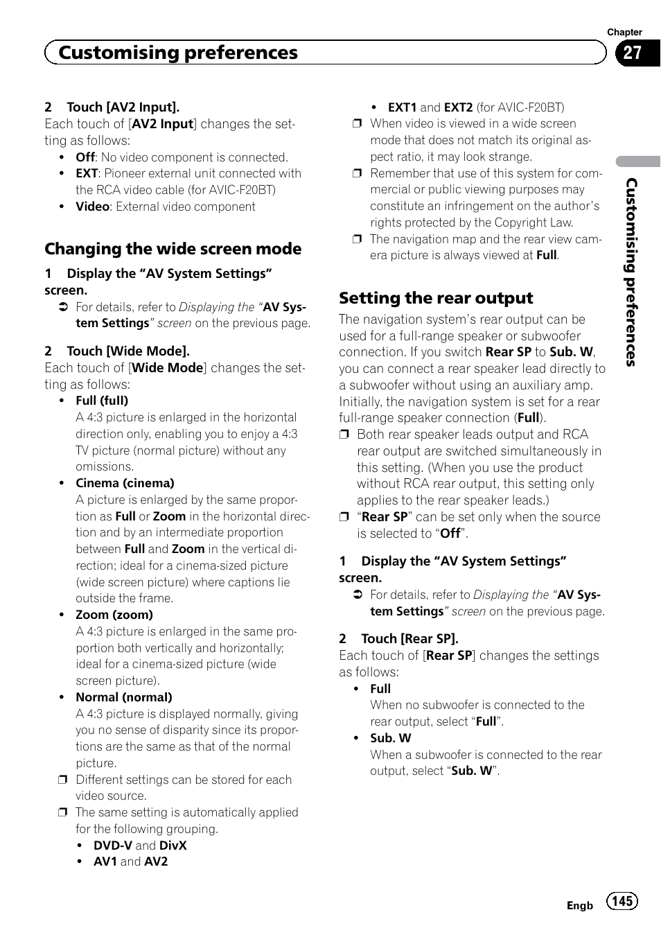 Changing the wide screen mode 145, Setting the rear output 145, Customising preferences | Changing the wide screen mode, Setting the rear output | Pioneer AVIC-F920BT User Manual | Page 145 / 200