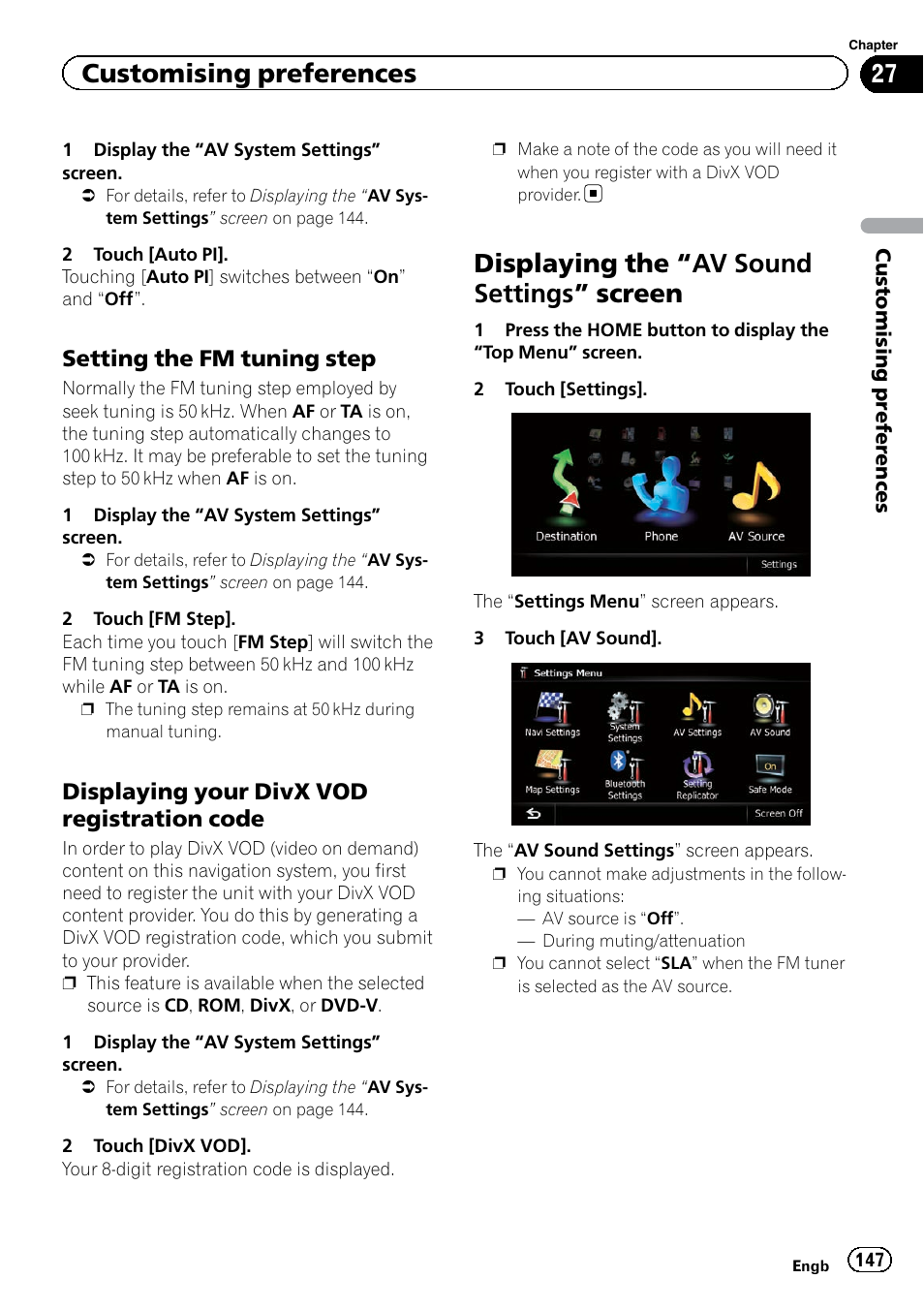 Setting the fm tuning step 147, Displaying your divx vod registration, Code | Displaying the, Av sound settings, Screen, Displaying the “av sound settings ” screen, Customising preferences, Setting the fm tuning step, Displaying your divx vod registration code | Pioneer AVIC-F920BT User Manual | Page 147 / 200