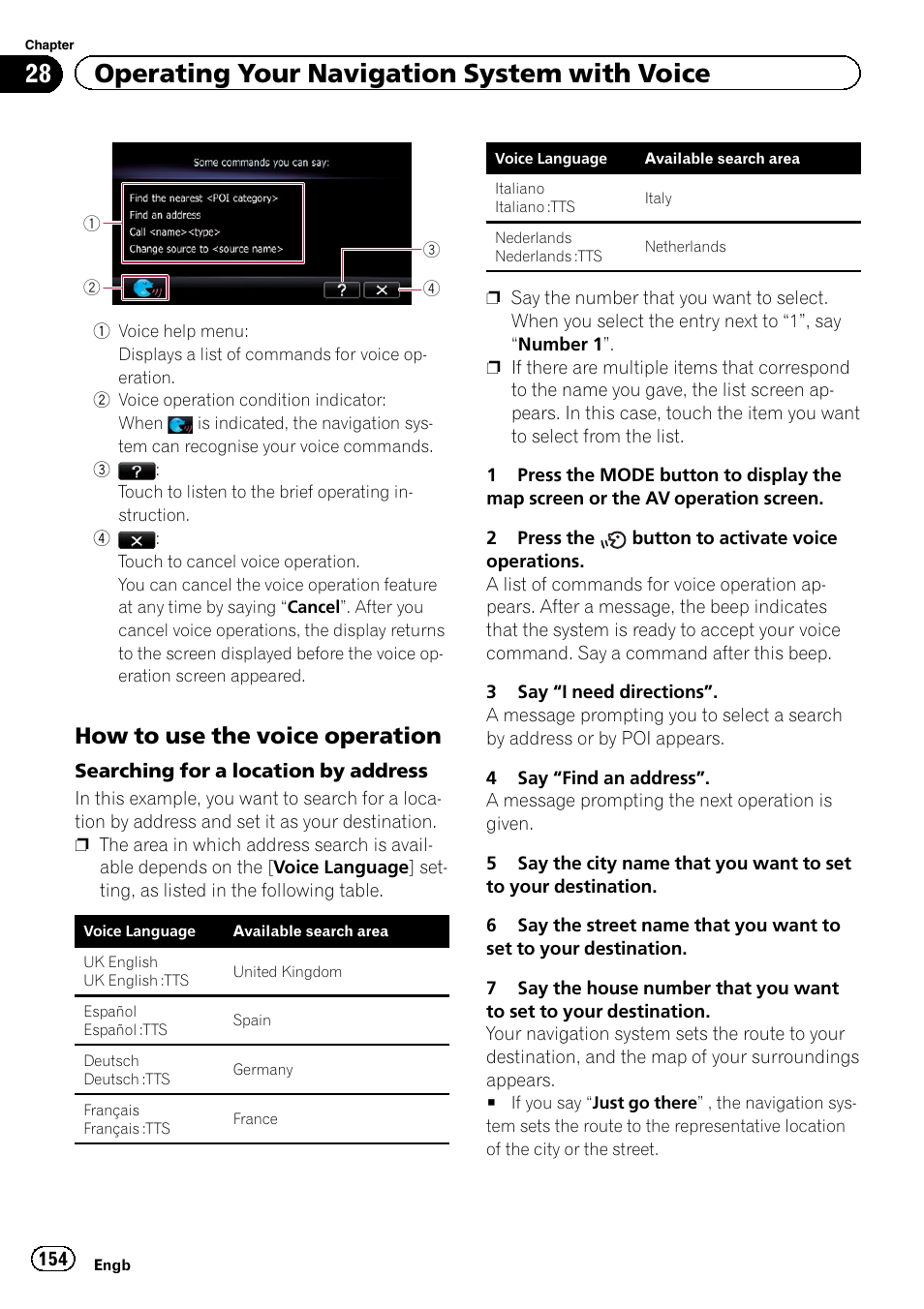 How to use the voice operation 154, 28 operating your navigation system with voice, How to use the voice operation | Pioneer AVIC-F920BT User Manual | Page 154 / 200