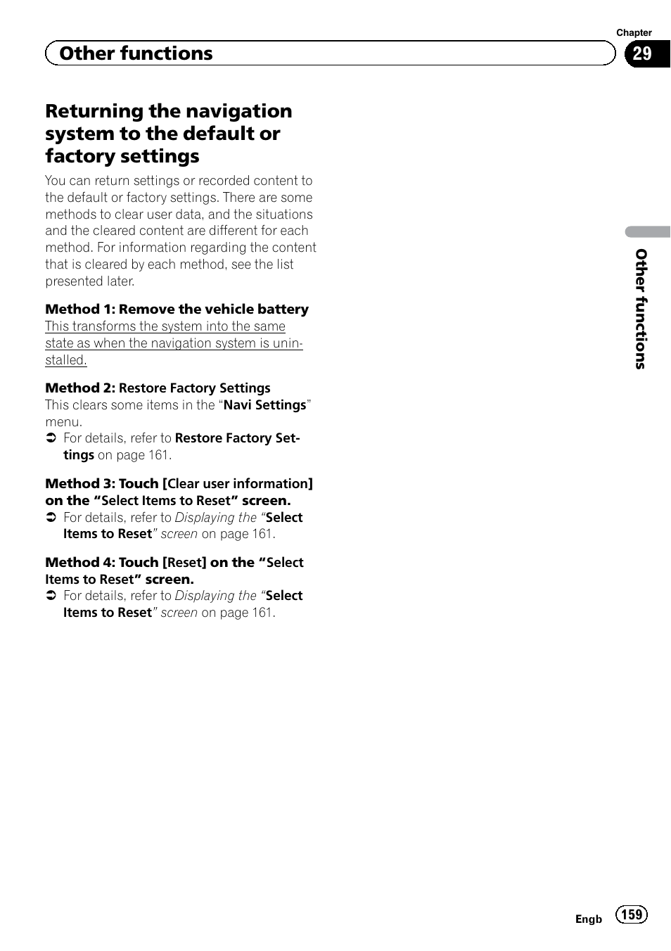 Returning the navigation system to the, Default or factory settings, Return | Other functions | Pioneer AVIC-F920BT User Manual | Page 159 / 200