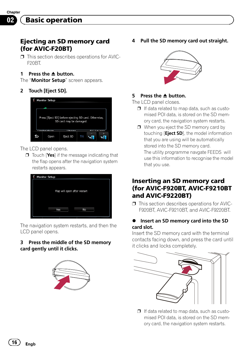 Ejecting an sd memory card (for avic, F20bt), Inserting an sd memory card (for avic | F920bt, avic-f9210bt and avic- f9220bt), 02 basic operation | Pioneer AVIC-F920BT User Manual | Page 16 / 200
