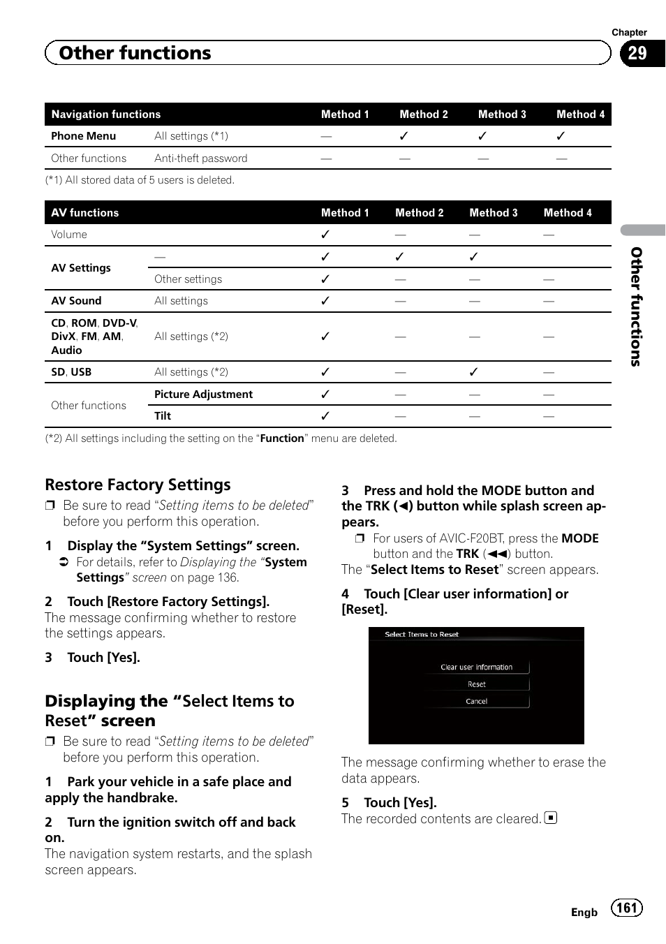 Restore factory settings 161, Displaying the “select items to reset, Screen | Restore factory set, Displaying the “select, Items to reset, Restore factory settings, Displaying the “select items to reset ” screen, Other functions | Pioneer AVIC-F920BT User Manual | Page 161 / 200