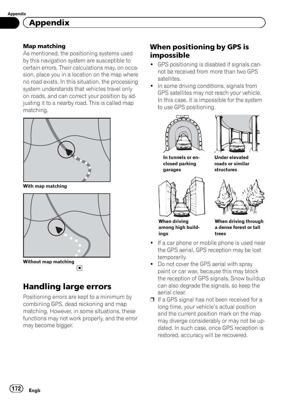 Handling large errors, When positioning by gps is, Impossible | Appendix, When positioning by gps is impossible | Pioneer AVIC-F920BT User Manual | Page 172 / 200