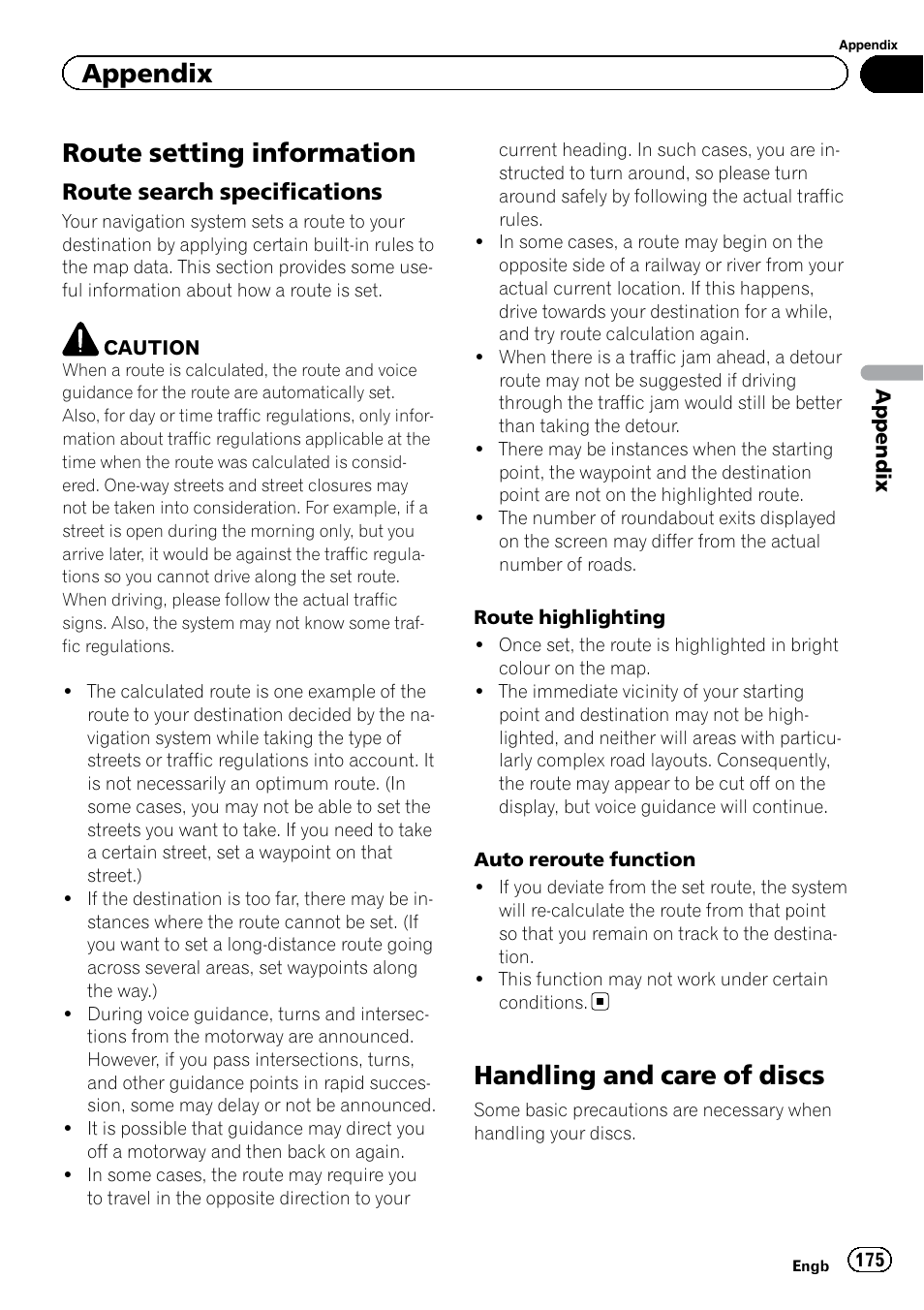 Route setting information, Route search specifications 175, Handling and care of discs | Appendix | Pioneer AVIC-F920BT User Manual | Page 175 / 200